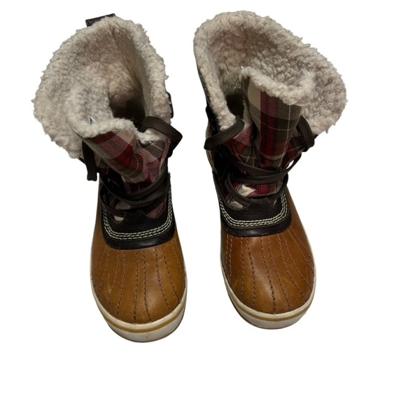 Sorel Tivoli Plaid Winter Boots Womens Size 5 Brown Leather Waterproof - Picture 2 of 9